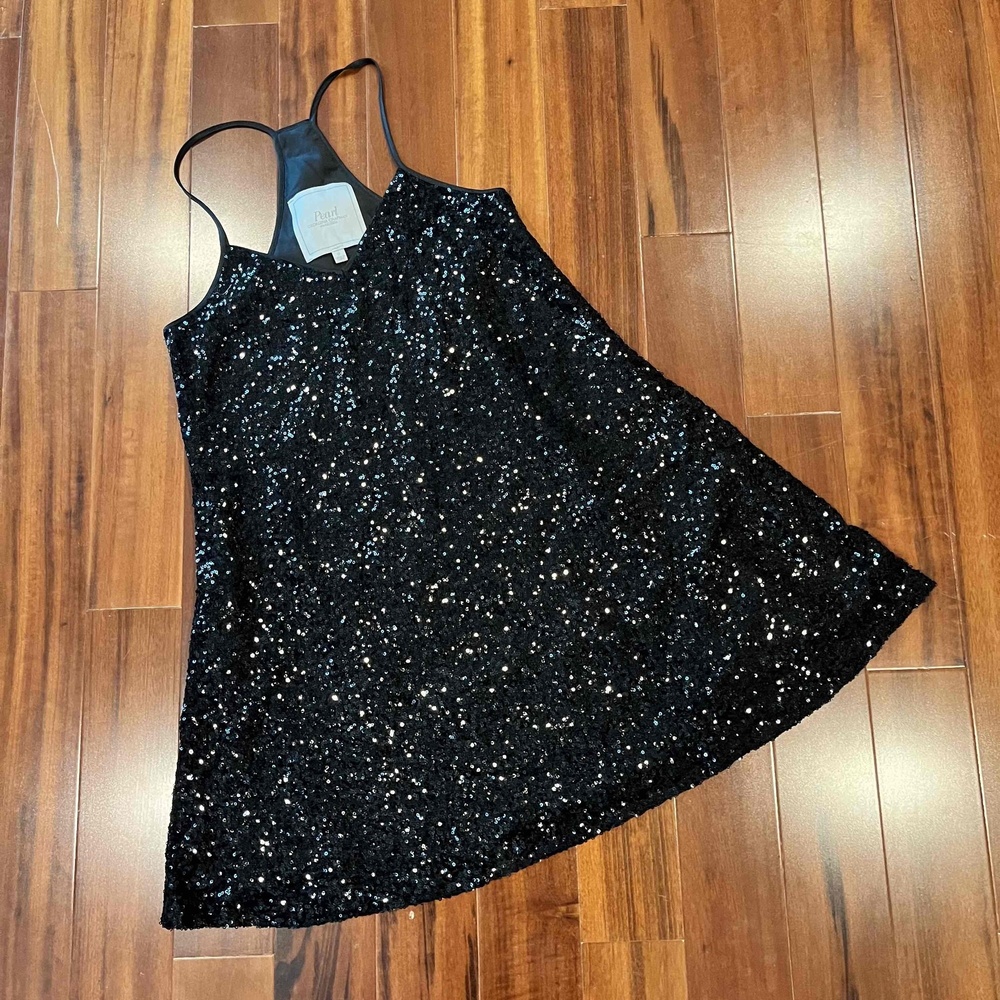Pearl Marchesa Georgina Chapman Black Dress Sequin Spaghetti‎ Mini Cocktail Sz 0